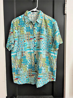 Vatpave Geometric Short Sleeve Shirt in Blue & Green Size Medium